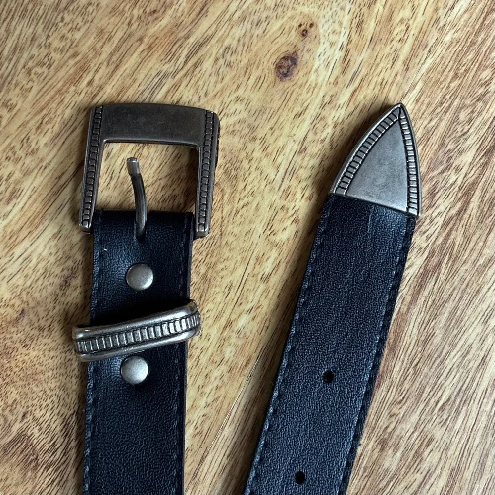Vintage Western Belt Black Silver Buckle Tip Cowboy Boho Etched Metal Statement